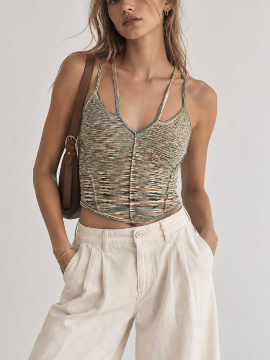 Anthropologie Tops - Anthropologie Striped Knit Crisscross Strap Crop Top Cream Green Brown S
